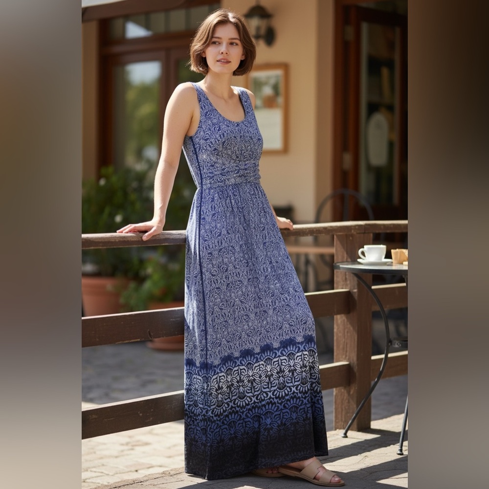 Spense Blue Ombre Sleeveless Maxi Sundress Boho Cottagecore Summer Beach
